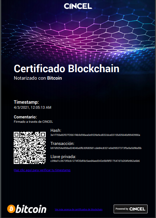 Ejemplo Certificado Blockchain Bitcoin Notarizado - CINCEL
